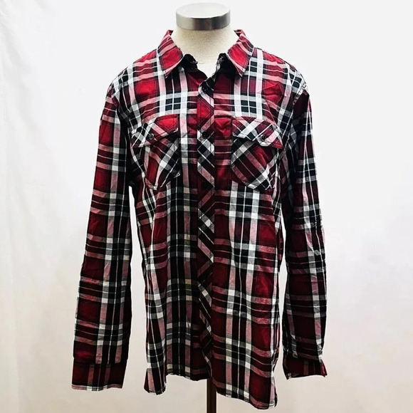 NWT EIGHTY EIGHT Men Long Sleeve Button Down Red White Plaid Dress Shirt Size L - Picture 1 of 9